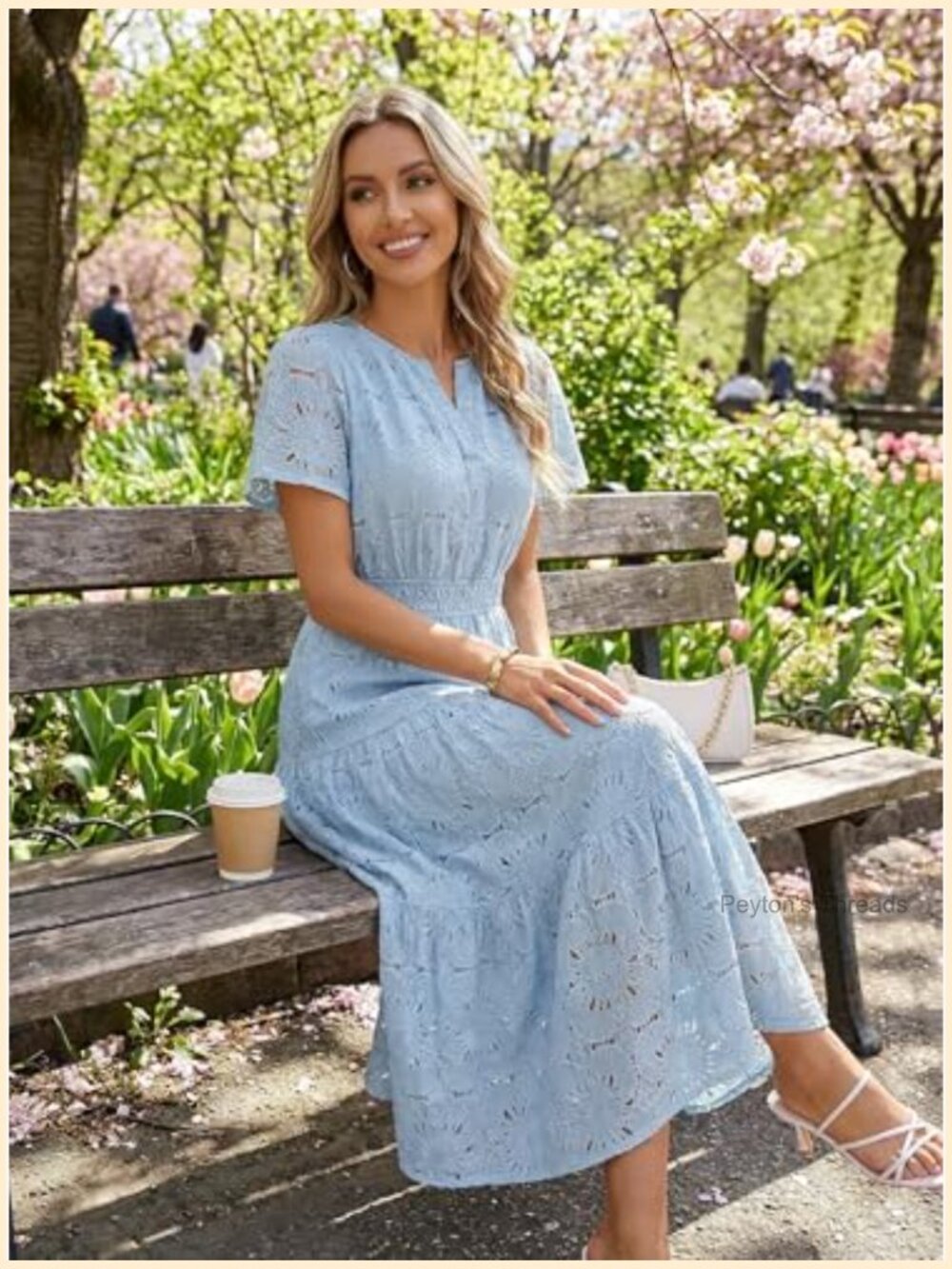 Summer Boho Floral Maxi Dress with Eyelet Lace Short Sleeve A-Line Tiered Flowy - Picture 6 of 7